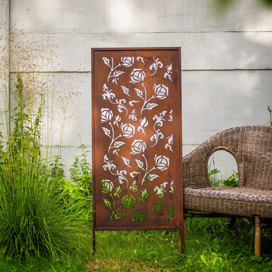 Rustic Metal Garden Screen – Corten Effect Steel Privacy Panel Roses