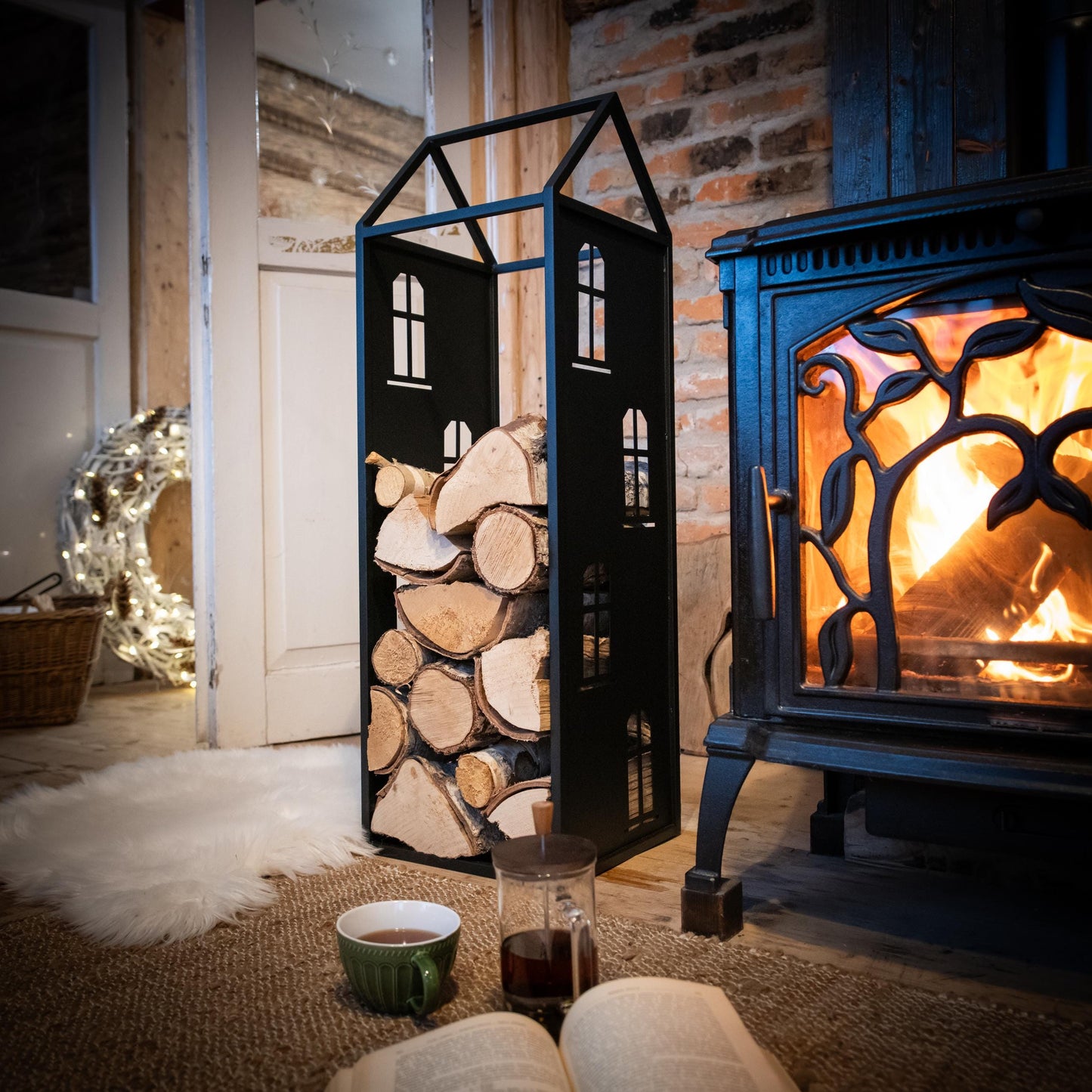 Black Metal Firewood Rack with Handle, Freestanding Log Holder