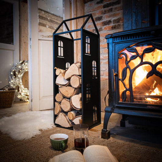 Black Metal Firewood Rack with Handle, Freestanding Log Holder