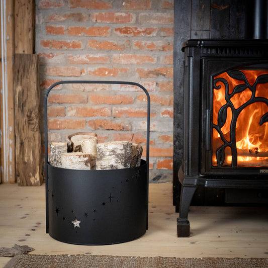 Black metal firewood rack with handle, freestanding wood rack, rustic style