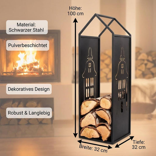 Black Metal Firewood Rack with Handle, Freestanding Log Holder BELFRY