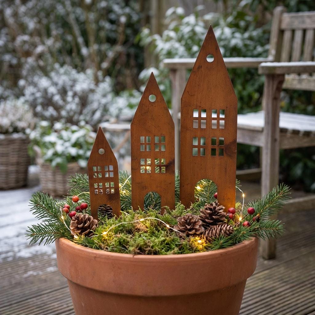 Rustic Steel House Garden Stakes – Weatherproof Metal Art