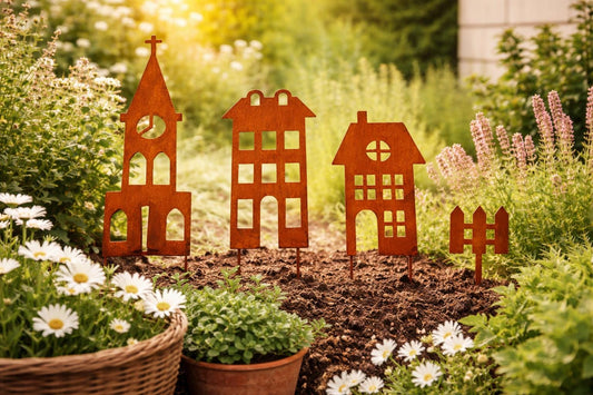 Rustic Steel Small Town Houses Garden Stakes – Metal Garden Art