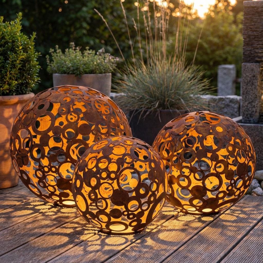 Metall-Deko-Kugel, durchbrochene Ringe, rustikales Garten-Loft-Ornament