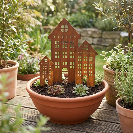Rustic Steel House Garden Stakes – Metal Garden Art
