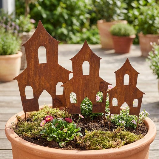 Rustic Steel Witch Houses Garden Stakes – Metal Garden Art, Set of 3