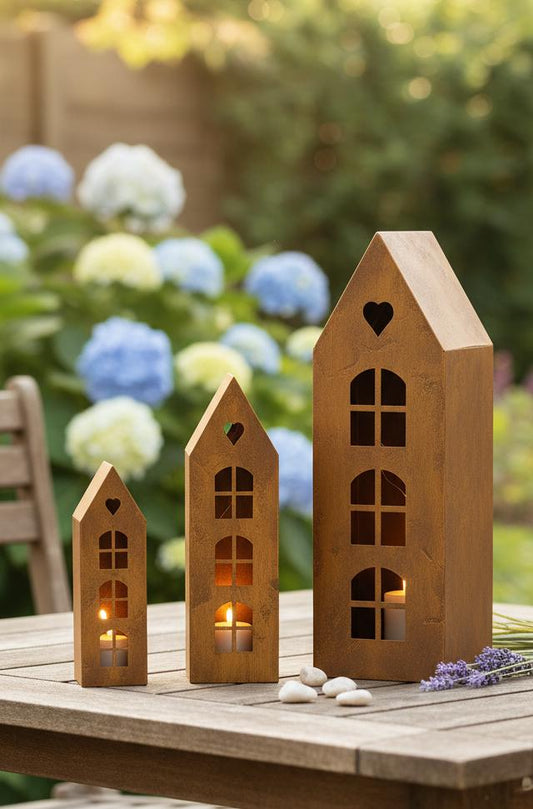 Rustic Metal Lantern House with Heart – Corten Effect, LED Candle Holder