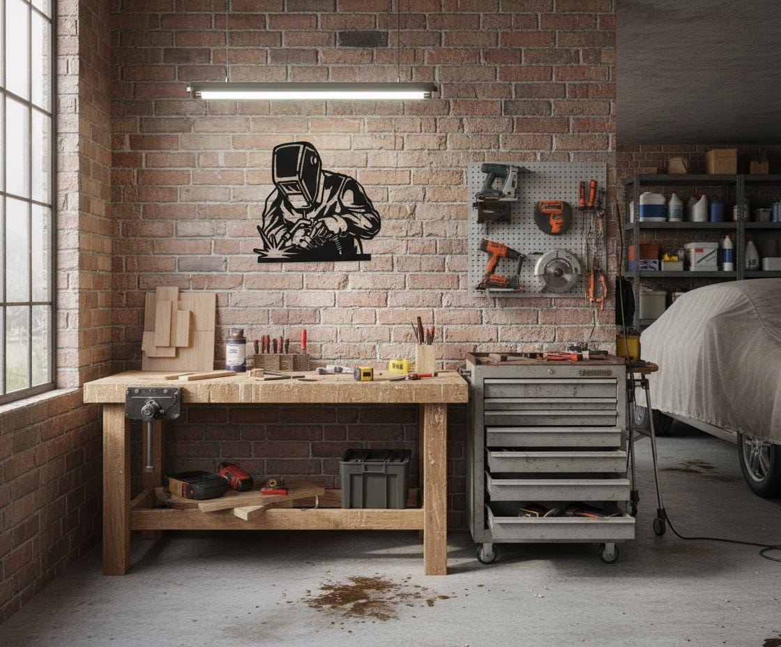 Black Metal Welder Wall Art – Unique Cut-Out Design, Powder-Coated Steel Sculpture, Industrial Home Decor