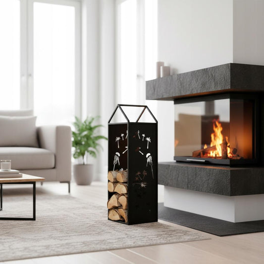 Black Metal Firewood Rack with Handle, Freestanding Log Holder DANDELION
