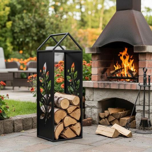 Black Metal Firewood Rack with Handle, Freestanding Log Holder LEAVES