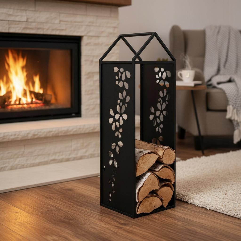 Black Metal Firewood Rack with Handle, Freestanding Log Holder GARLAND
