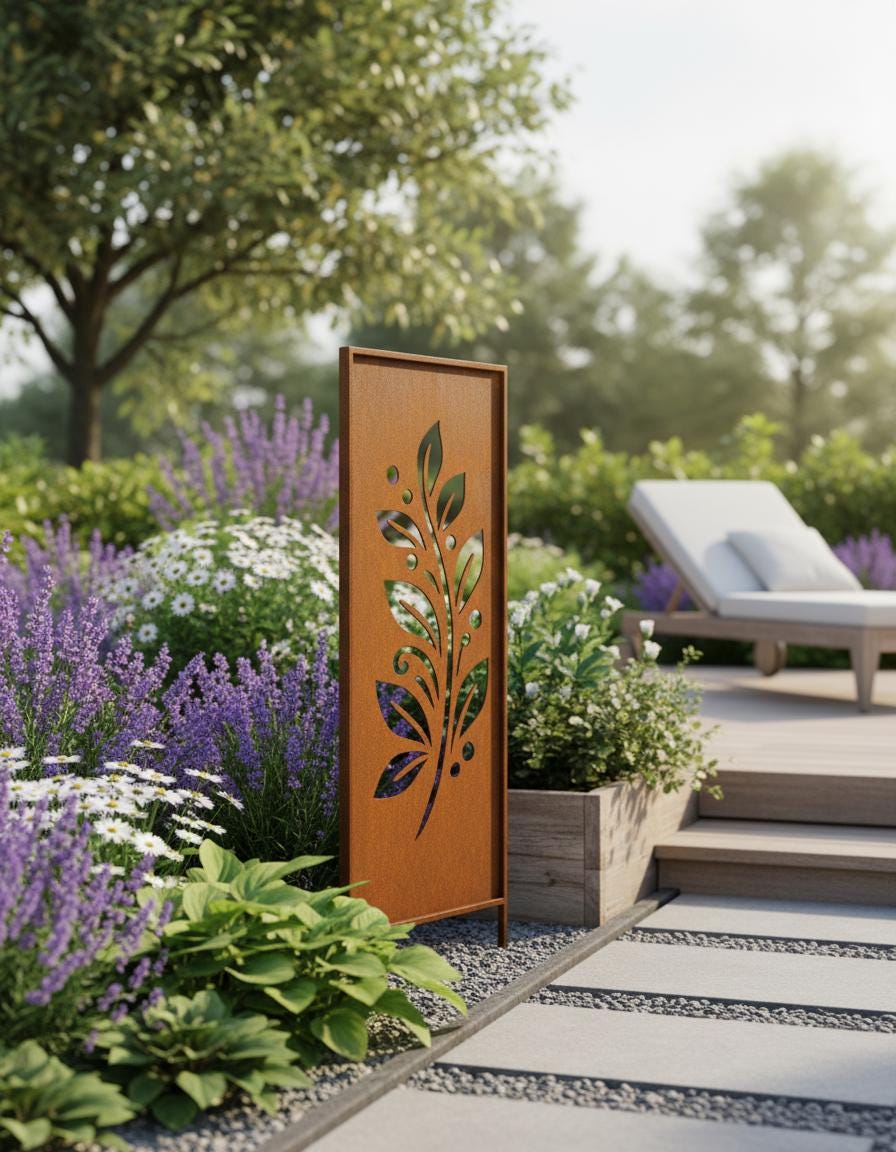 Steel Leafs Garden Screen – Laser Cut Metal Privacy Panel, Corten Style