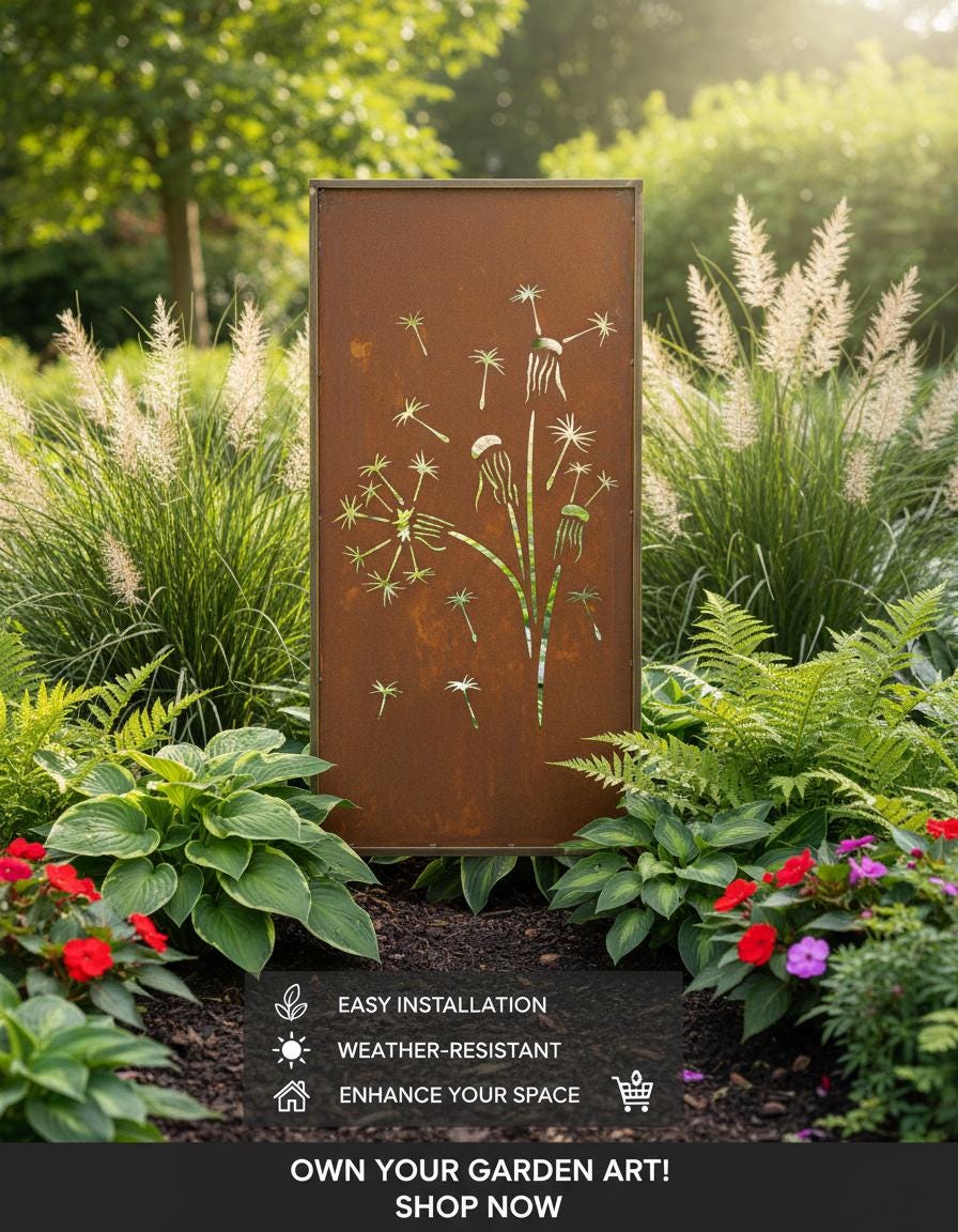 Rusty Steel Dandelion Garden Screen – Decorative Metal Privacy Panel for Outdoor & Patio Corten Effect