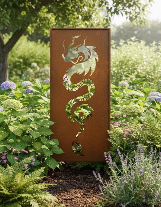 Rusty Steel Dragon Garden Screen – Decorative Metal Privacy Panel for Outdoor & Patio Corten Effect