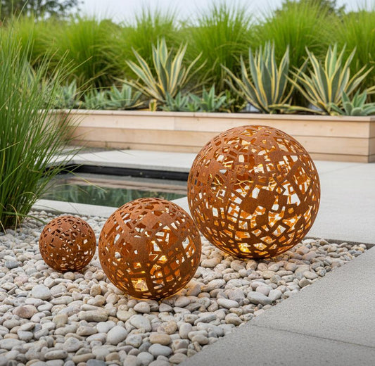 Metal Decorative Sphere, Openwork Squares, Rustic Garden Loft Ornament