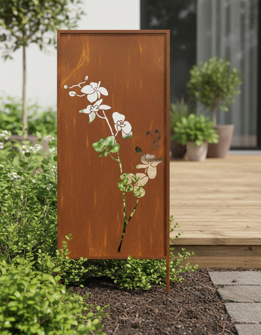 Rustic Metal Garden Screen – Corten Effect Steel Privacy Panel with Orchid Flowers Cutouts