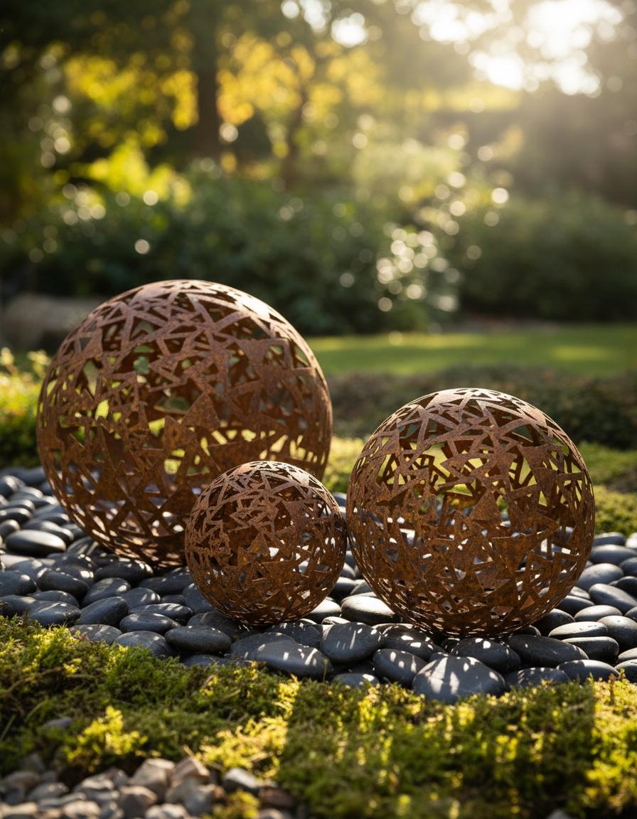 Metal Decorative Sphere, Openwork Triangles, Rustic Garden Loft Ornament