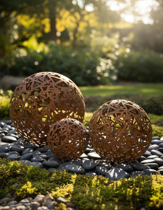 Metal Decorative Sphere, Openwork Triangles, Rustic Garden Loft Ornament