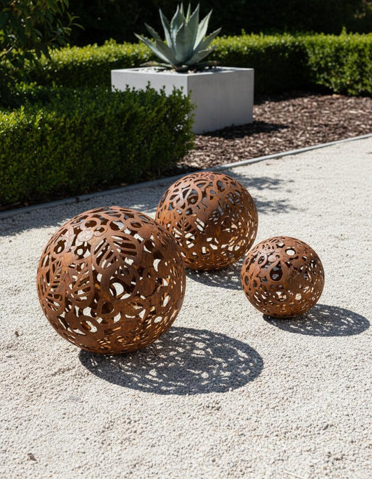 Metal Decorative Sphere, Openwork Leaves, Rustic Garden Loft Ornament