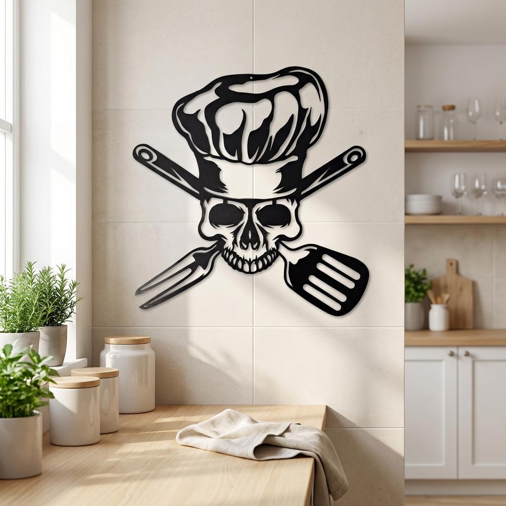 Metal Chef Skull Wall Art – Black Kitchen Wall Decor | Modern Loft Style