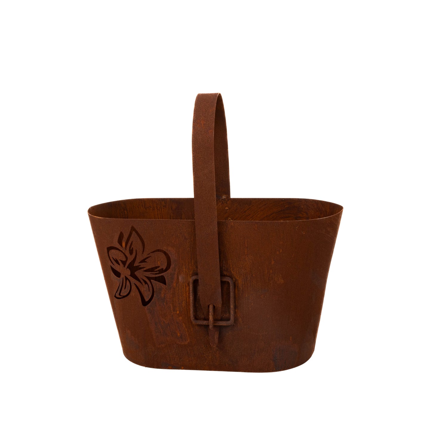 Rustic Metal Planter with Handle, Cut-Out Floral Design, Natural Rust Finish