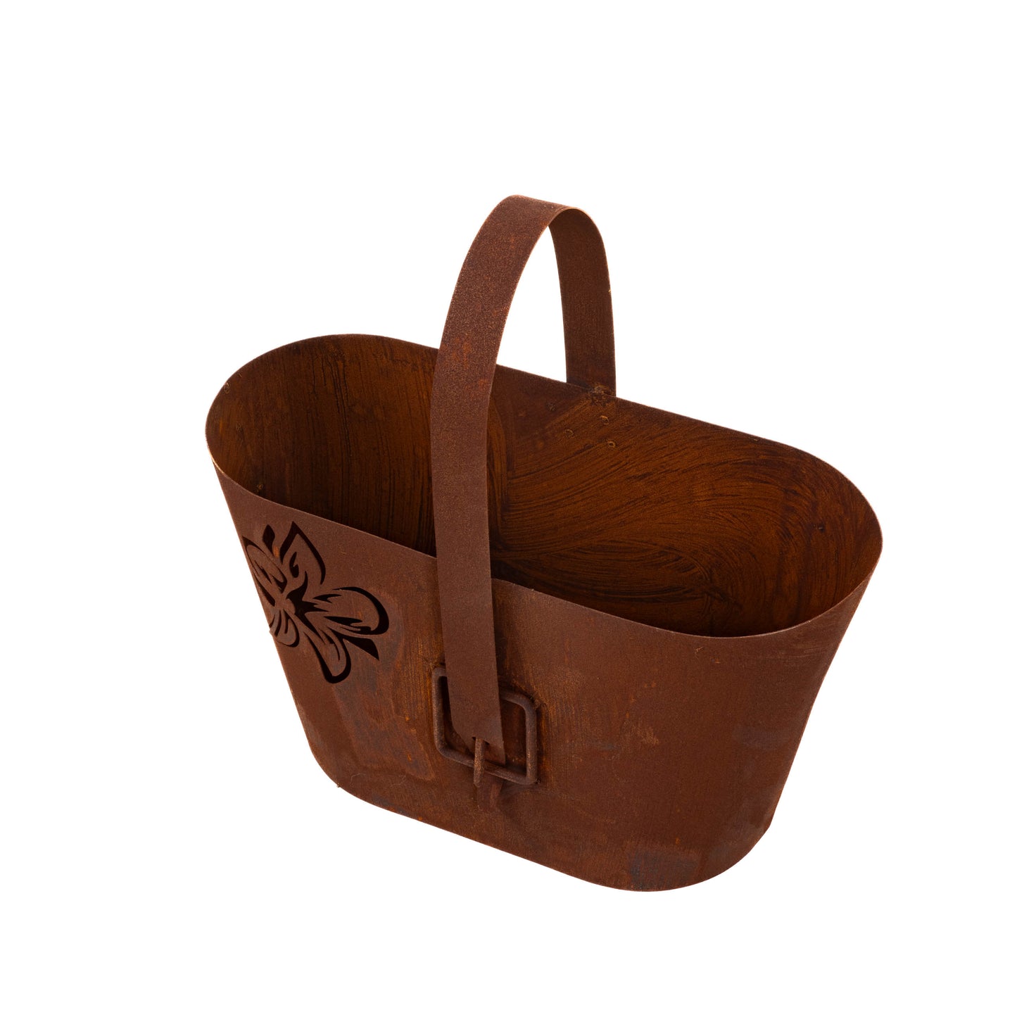 Rustic Metal Planter with Handle, Cut-Out Floral Design, Natural Rust Finish