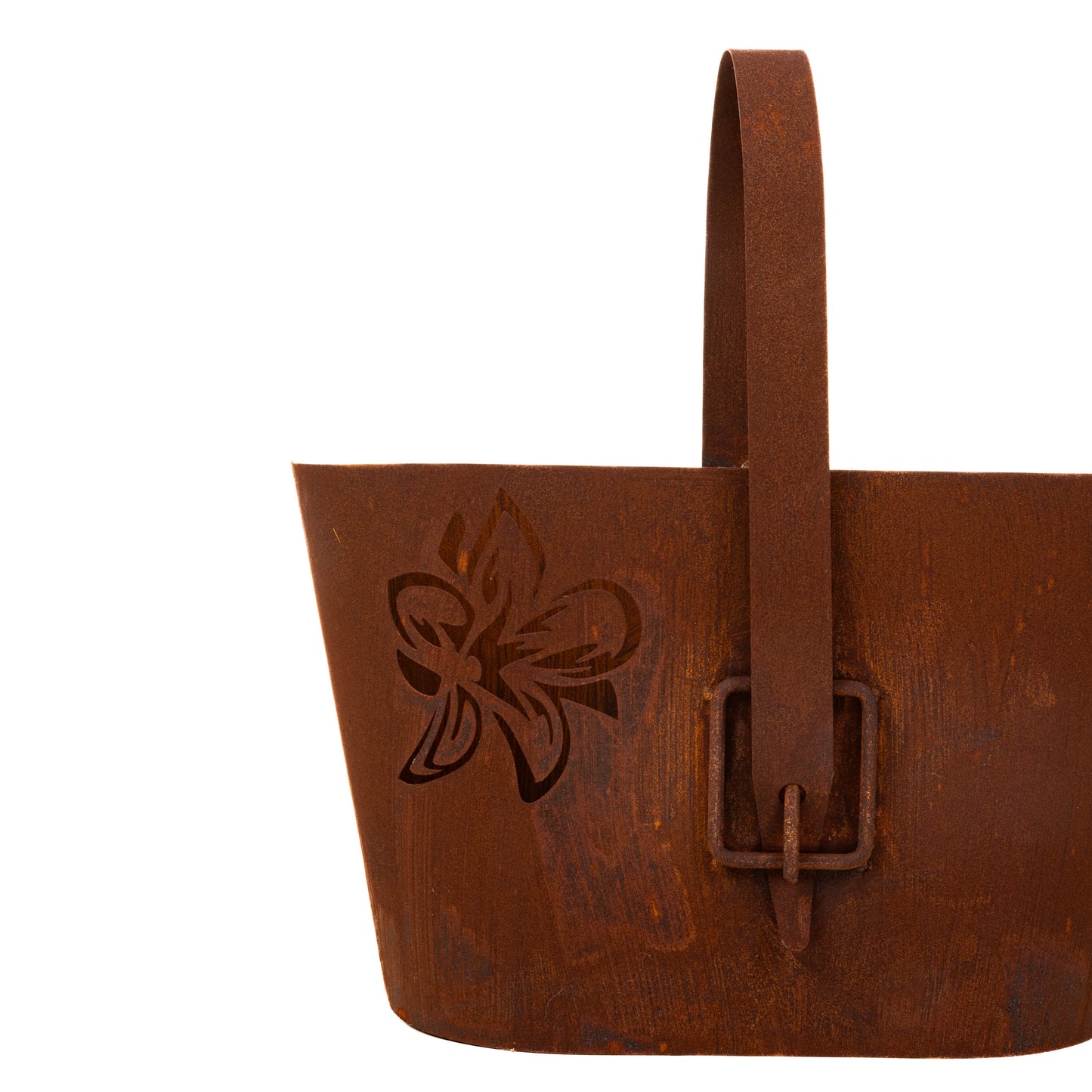 Rustic Metal Planter with Handle, Cut-Out Floral Design, Natural Rust Finish