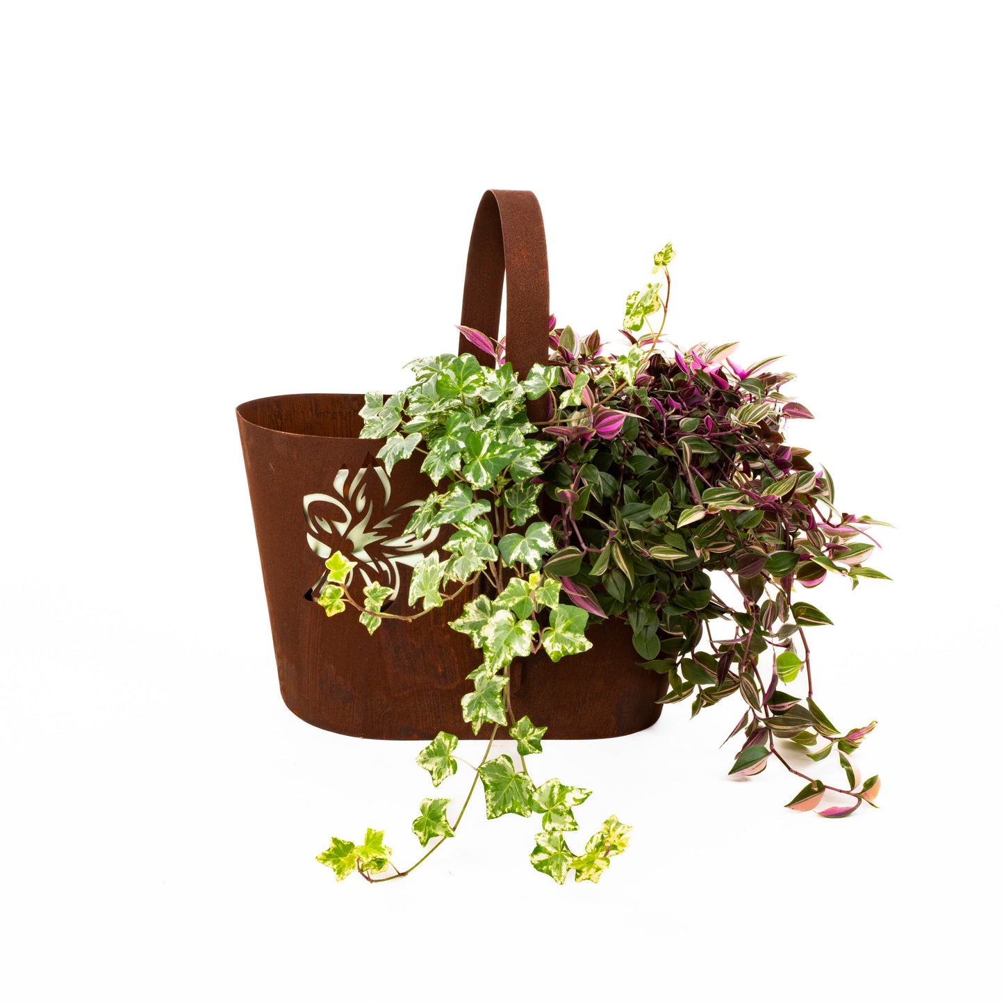 Rustic Metal Planter with Handle, Cut-Out Floral Design, Natural Rust Finish