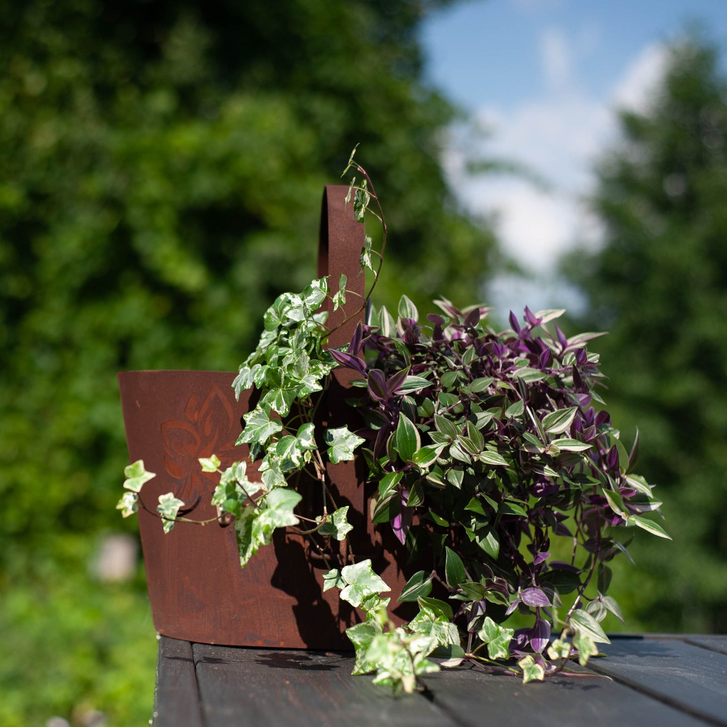 Rustic Metal Planter with Handle, Cut-Out Floral Design, Natural Rust Finish