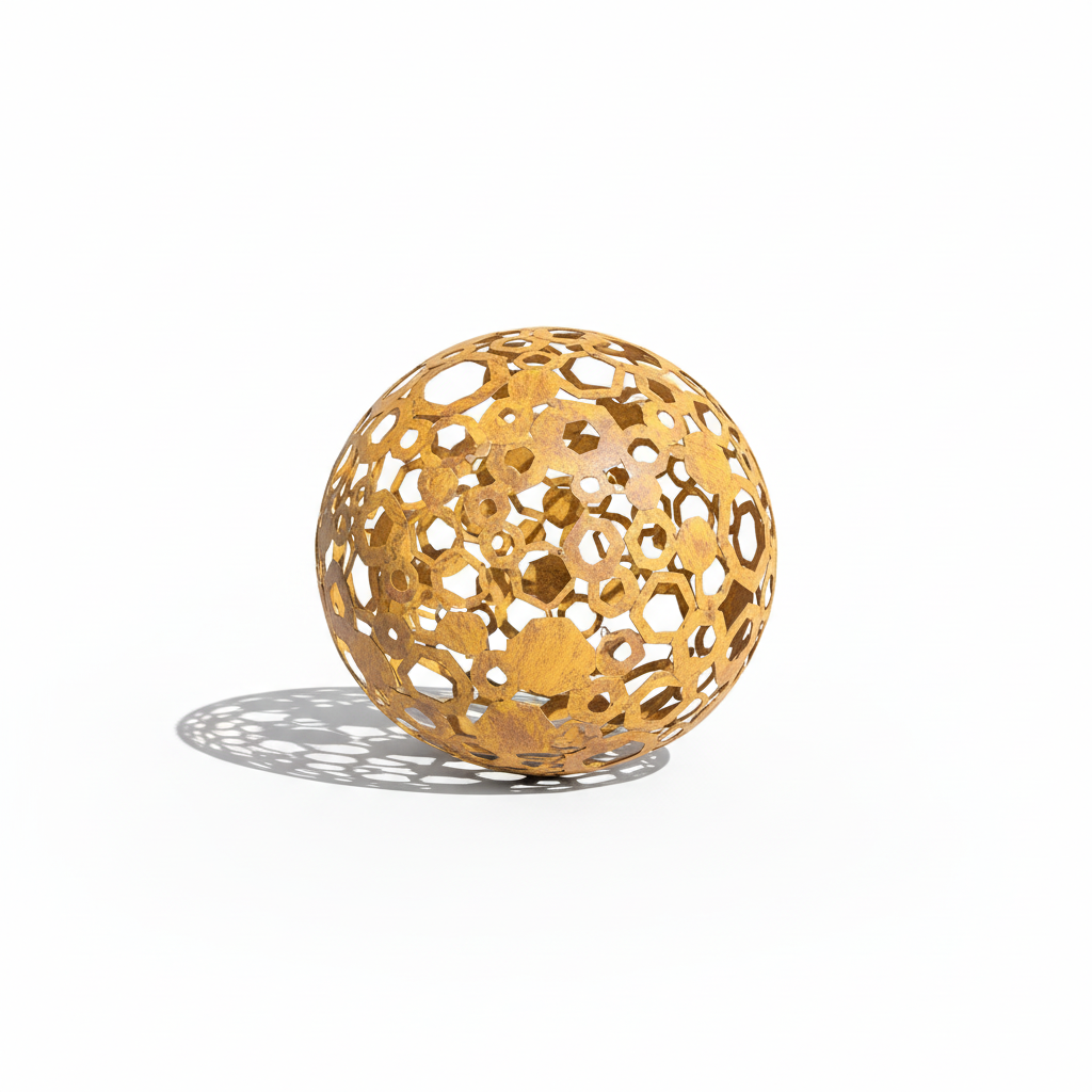 Metal Decorative Sphere, Openwork Geometric, Rustic Garden Loft Ornament