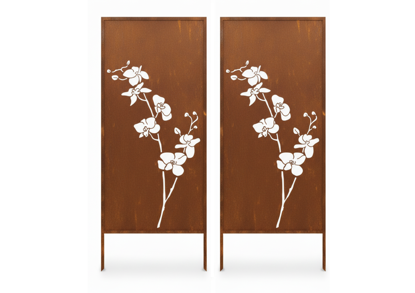 Rustic Metal Garden Screen – Corten Effect Steel Privacy Panel with Orchid Flowers Cutouts