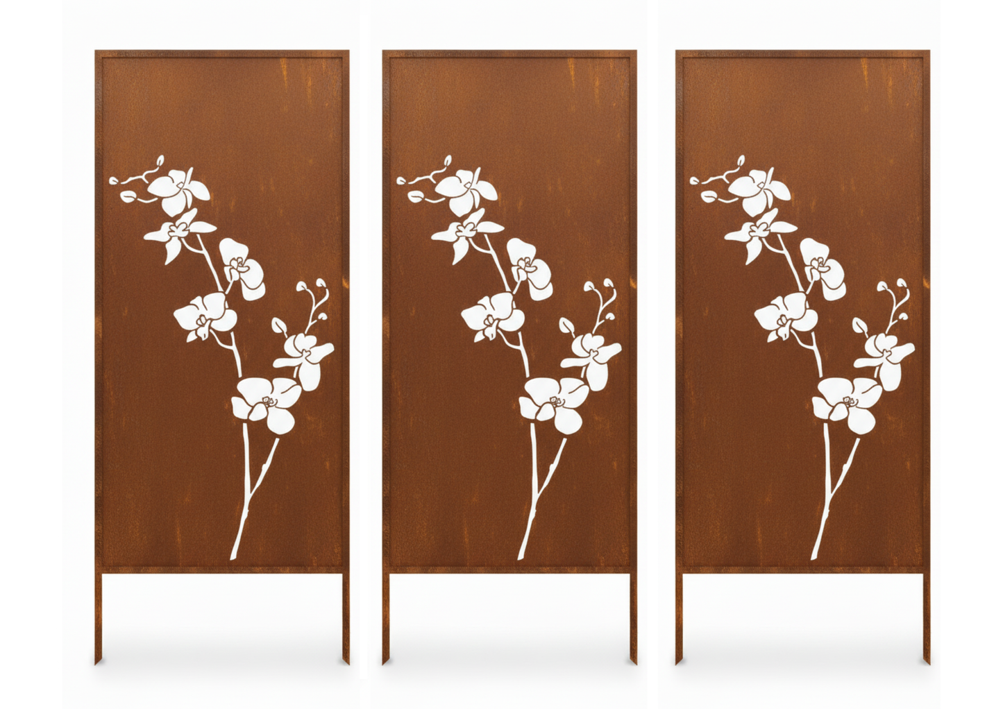 Rustic Metal Garden Screen – Corten Effect Steel Privacy Panel with Orchid Flowers Cutouts